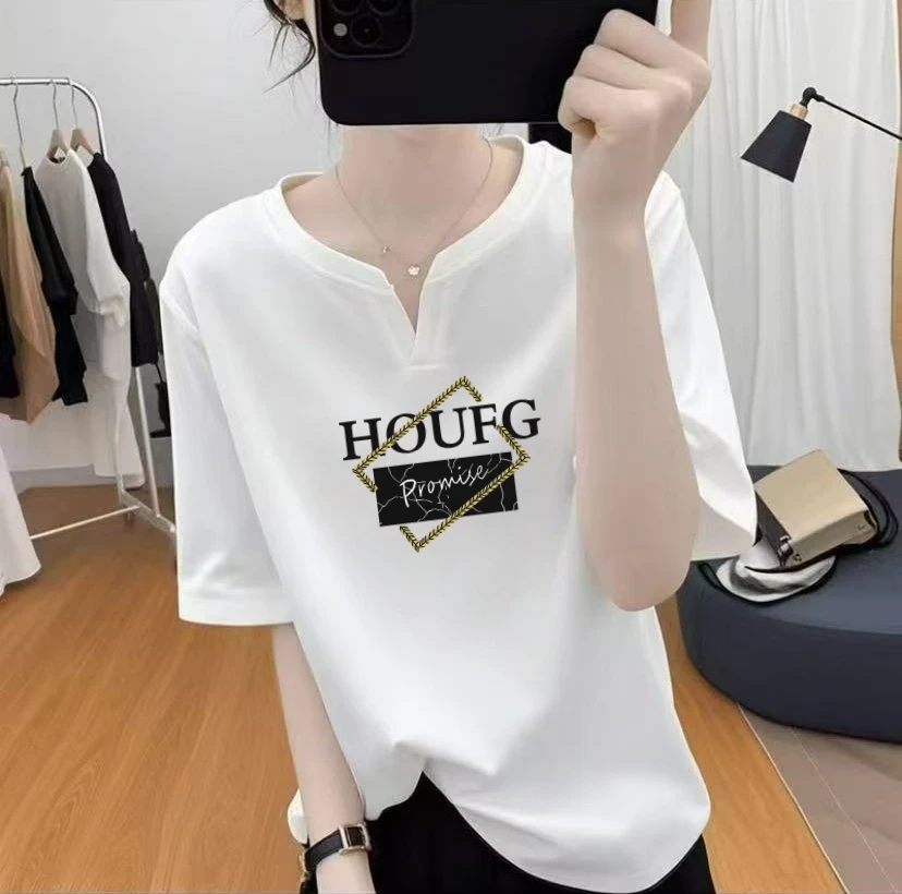 夏装韩系设计感纯棉宽松小V领短袖T恤女减龄上衣夏季新款半袖