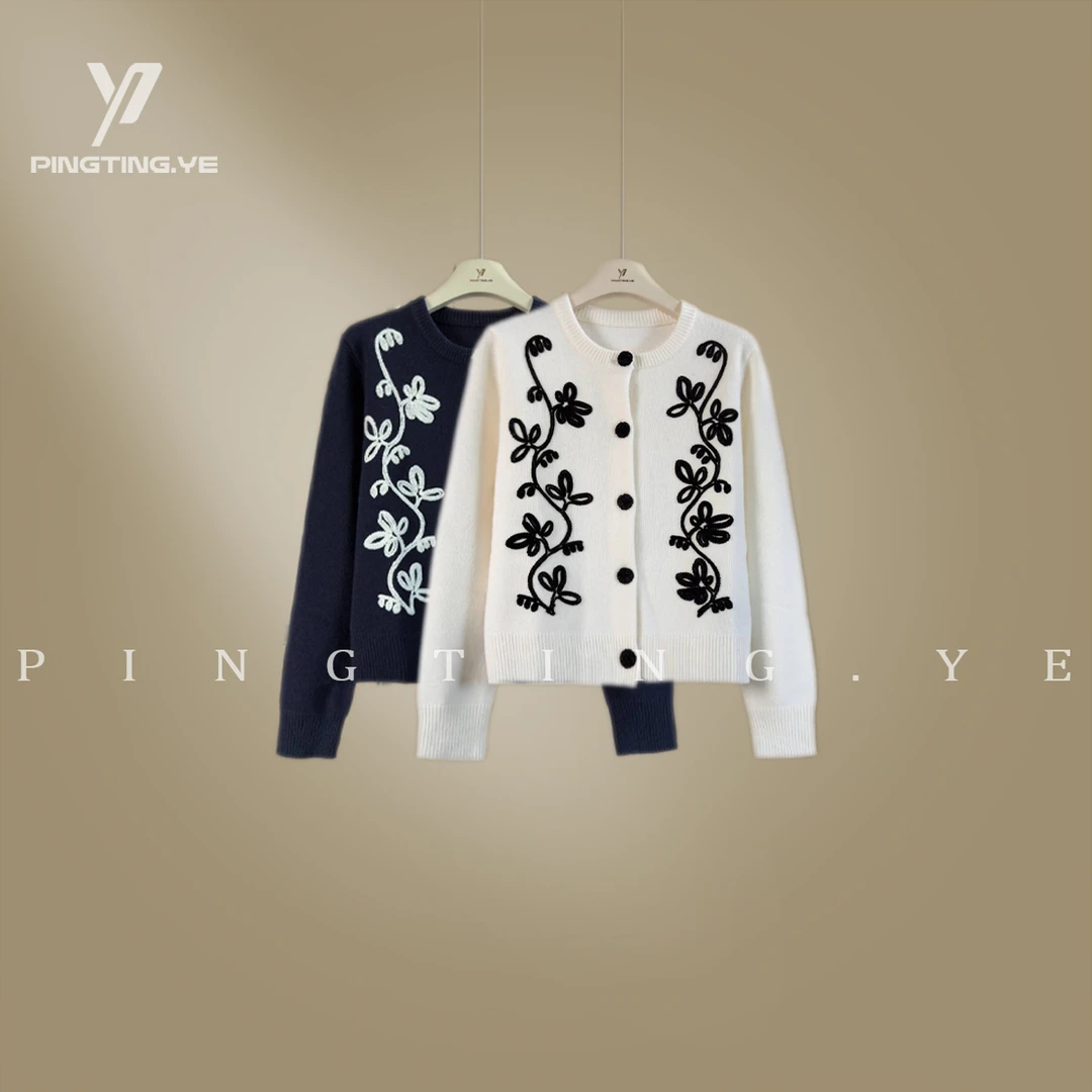 PINGTING.YE“绵羊毛”立体植绒绣花别致减龄毛衣开衫PT1099