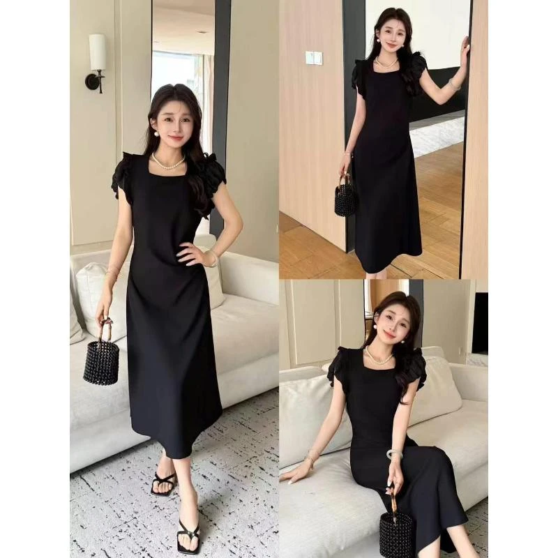 美美推荐2551一枝羽新款中长款褶皱收腰气质小黑裙