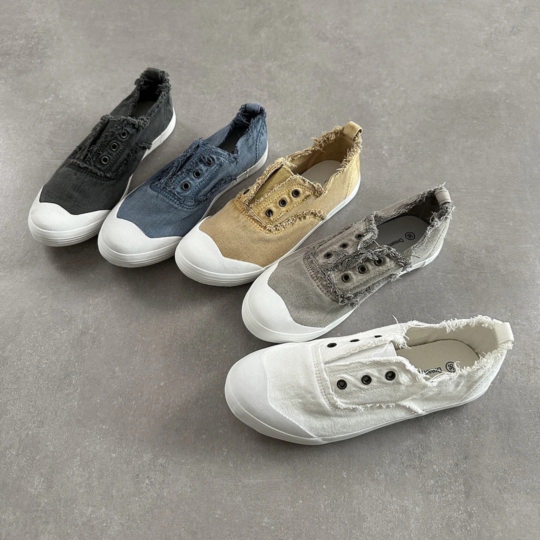 一脚蹬懒人帆布鞋2025新款软底松紧套脚毛边小白鞋子护穿防滑底