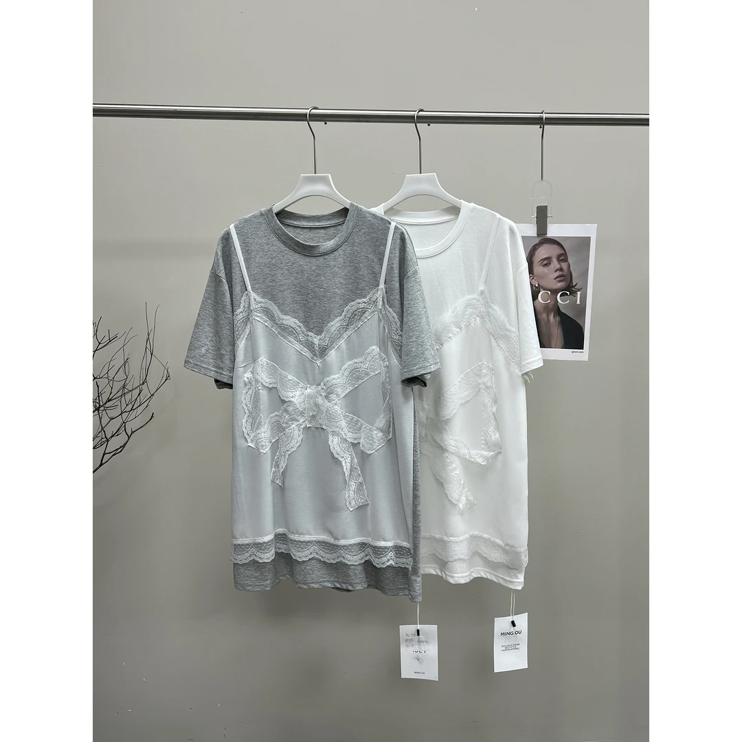 假两件蕾丝拼接中长款大版短袖T恤1736