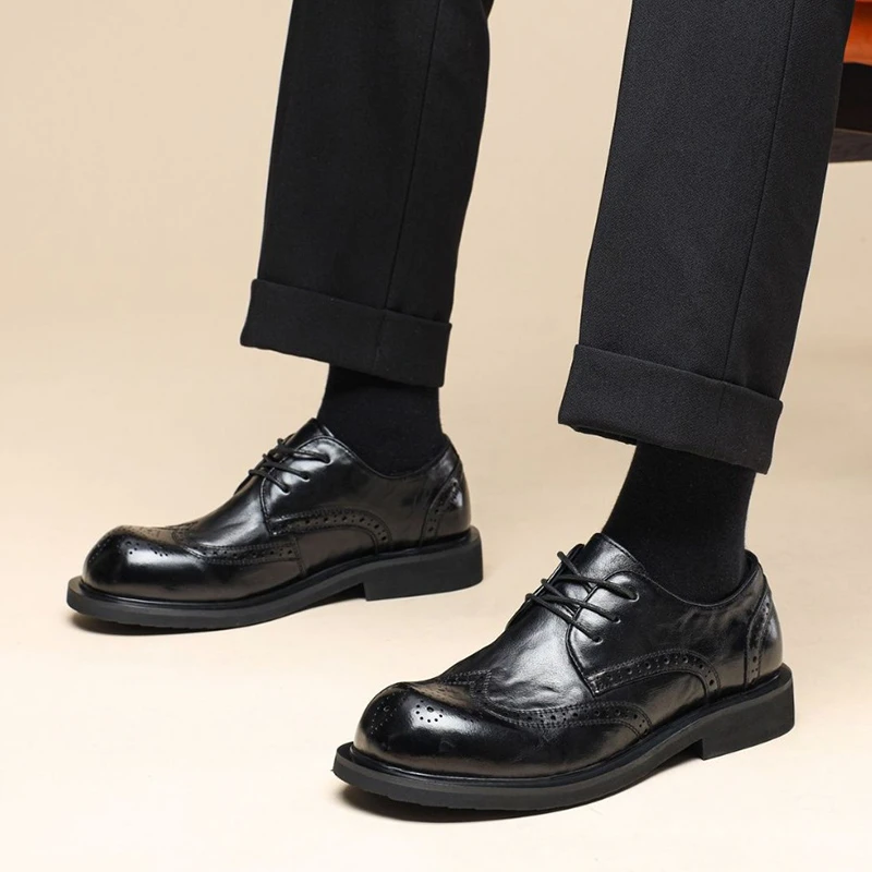 头层牛皮商务正装男士圆头皮鞋布洛克雕花潮鞋英伦风复古新郎男鞋