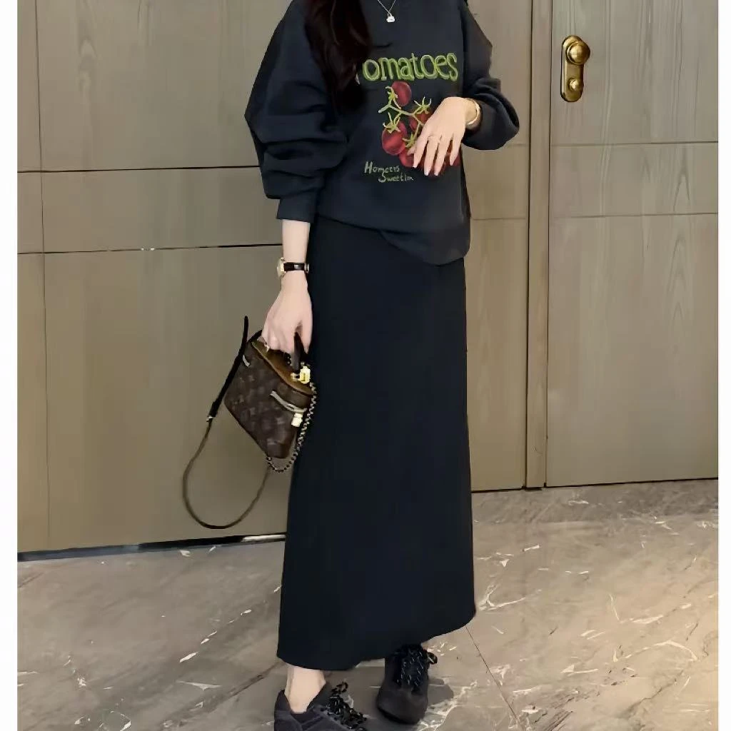 秋冬毛呢半身裙大码显瘦百搭高腰弹力垂感纸片中长款开叉休闲裙