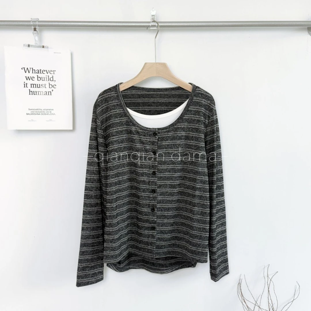 芊芊大码复古条纹长袖T恤打底衫假两件时尚上衣 【250920-392】