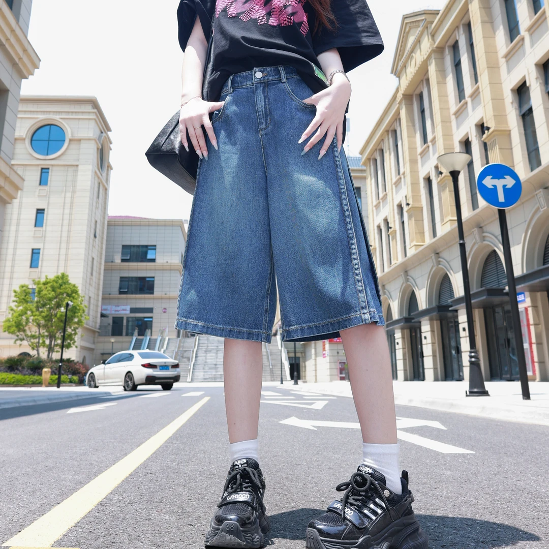 复古牛仔短裤女款夏天外穿爆款2025新款宽松天丝薄款阔腿五分中裤