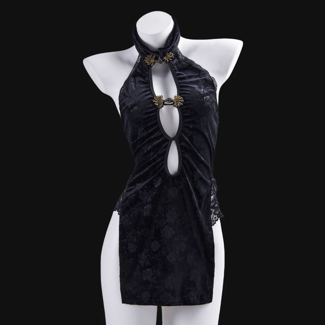 『有瘾YOYI』虞姬 黑色旗袍风中国风显瘦修身睡裙睡衣家居服女神