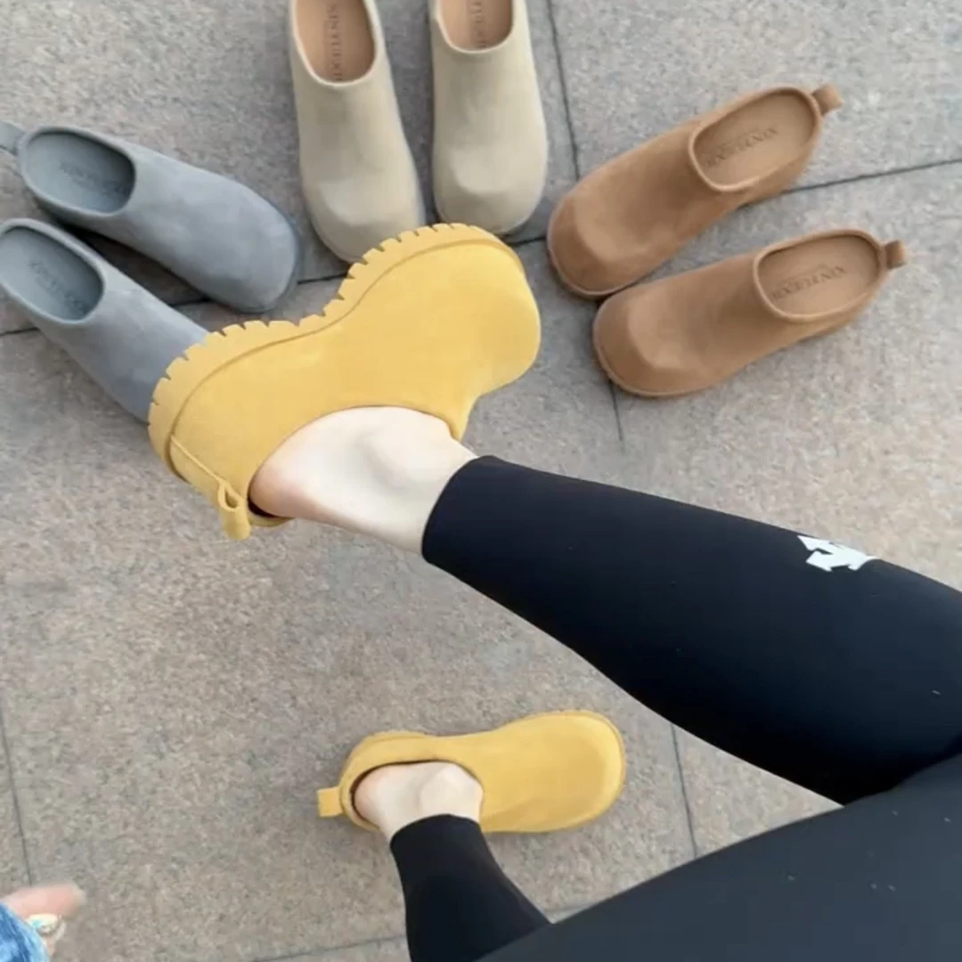 真皮版6cm小个子内增高厚底半拖鞋女冬季新款复古灰色勃肯鞋单鞋