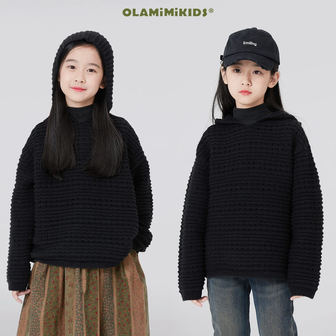 OLAMIMI定制 秋冬亲子设计感黑色慵懒风镂空针织百搭连帽毛衣