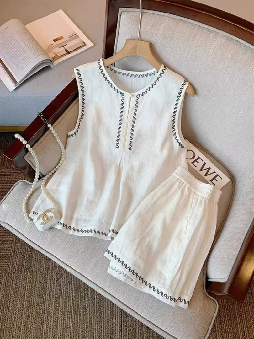 夏季高级刺绣时尚感老钱风套装女简约气质百搭休闲背心显瘦无袖