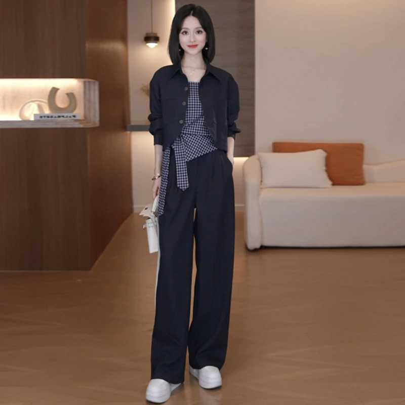时尚套装女2025秋季新款洋气显瘦短外套吊带阔腿裤休闲减龄三件套