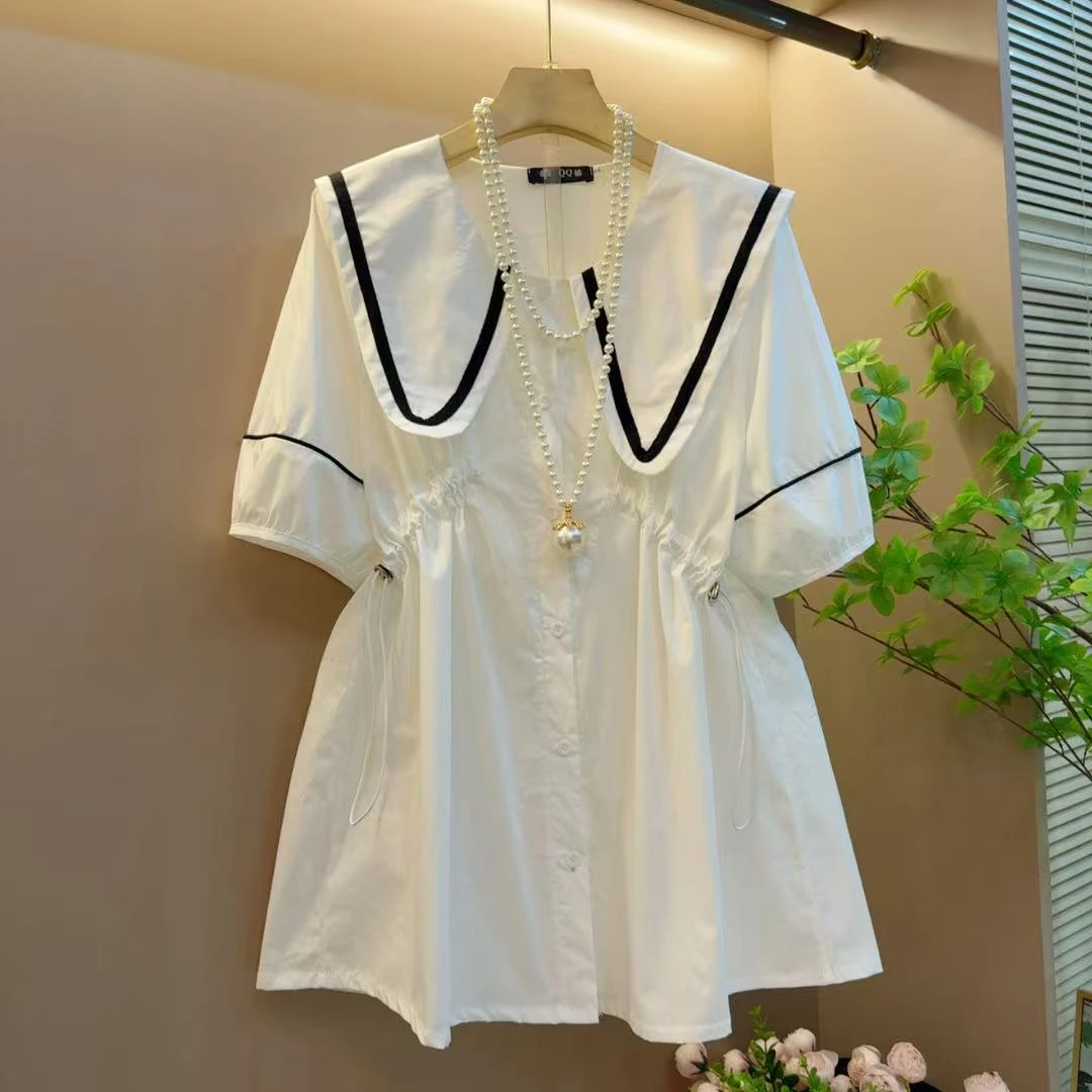 胖MM新款时尚拼接娃娃领设计感抽绳收腰遮肉上衣（长70左右）