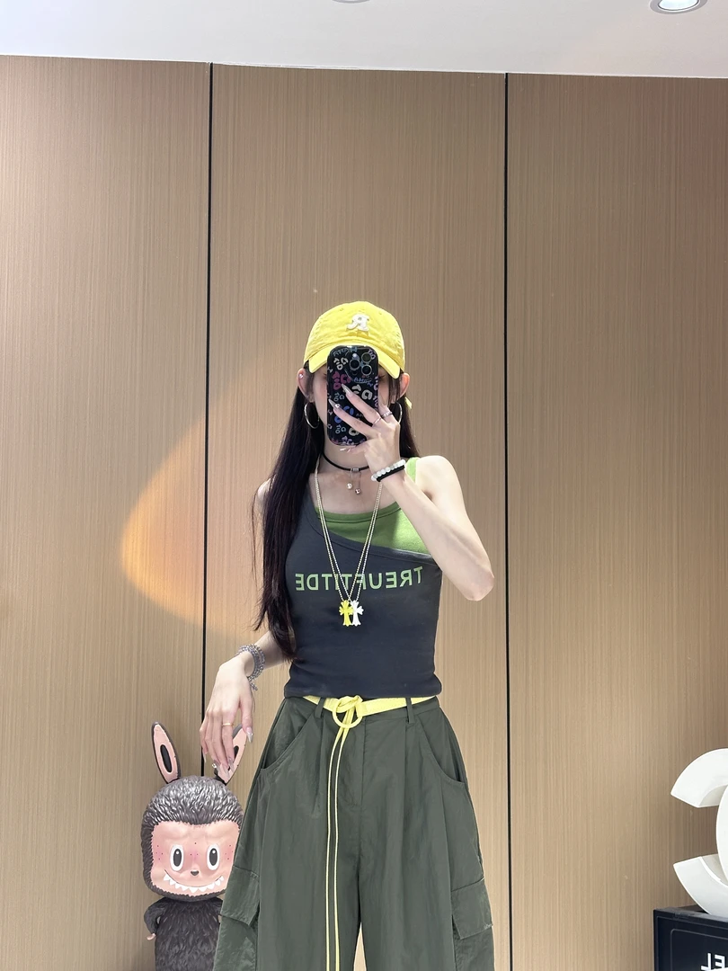 XX8872美式甜辣风不规则拼接撞色印花字母修身显瘦带胸垫百搭背心