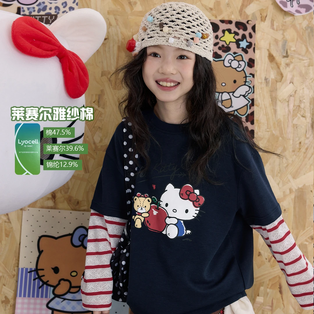 【凯蒂的苹果】女童T恤2025秋装新款假两件百搭休闲长袖上衣Y6617
