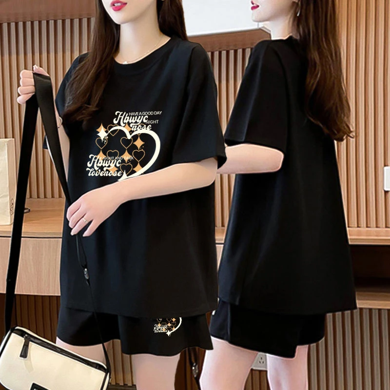 纯棉休闲运动套装女夏季2025新款韩版胖mm大码短袖短裤网红两件套