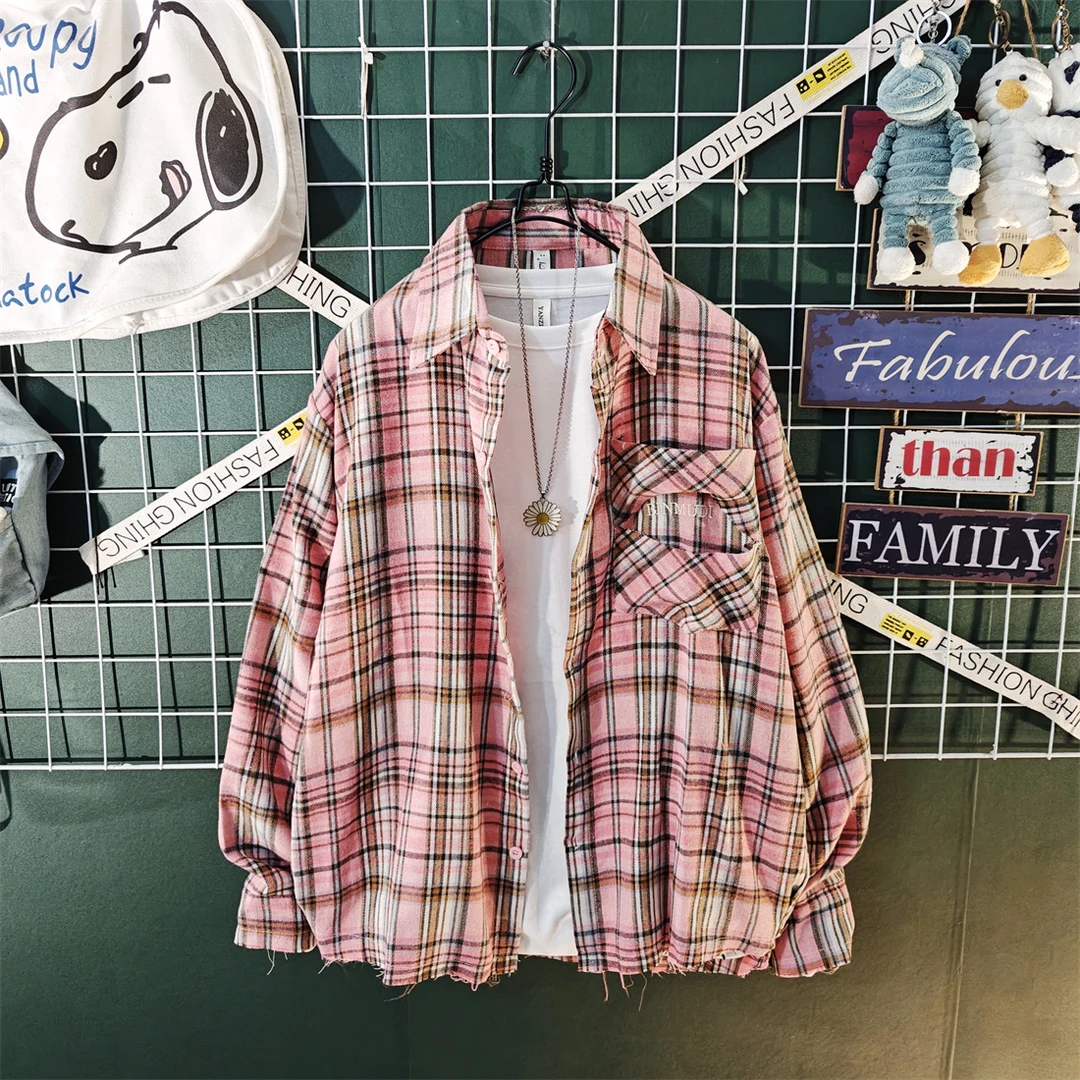 2025新款春夏季格子衬衫男女长袖潮牌宽松休闲情侣衬衣外套套装男