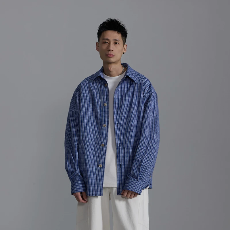 百搭格纹蓝色长袖宽松衬衫复古慵懒衬衣男女同款格子外套6059