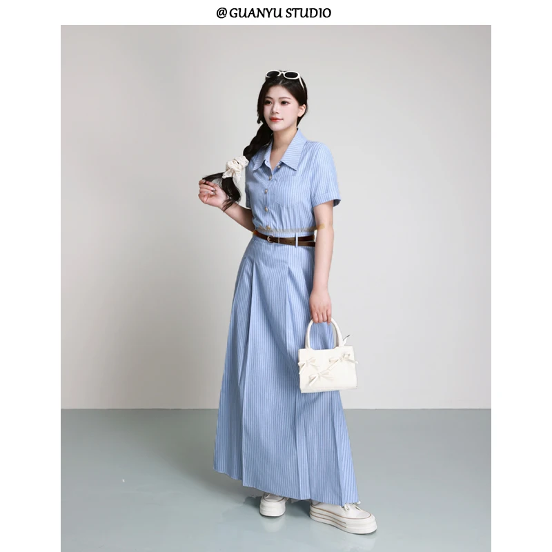 【海盐夏日】蛋妹大码女装微胖mm夏季短袖长款衬衫连衣裙DM26527