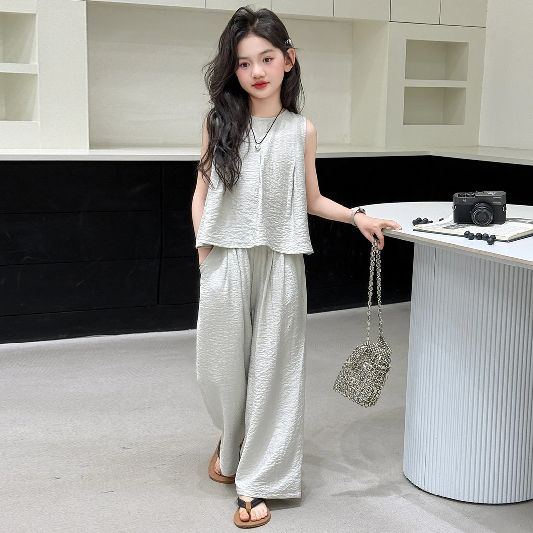 宽松夏季女童清凉阔腿套装女甜美洋气复古薄款中式休闲显瘦时尚