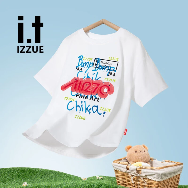 IZZUE男女童字母涂鸦印花短袖t恤纯棉2025新款夏季童装中大童上衣