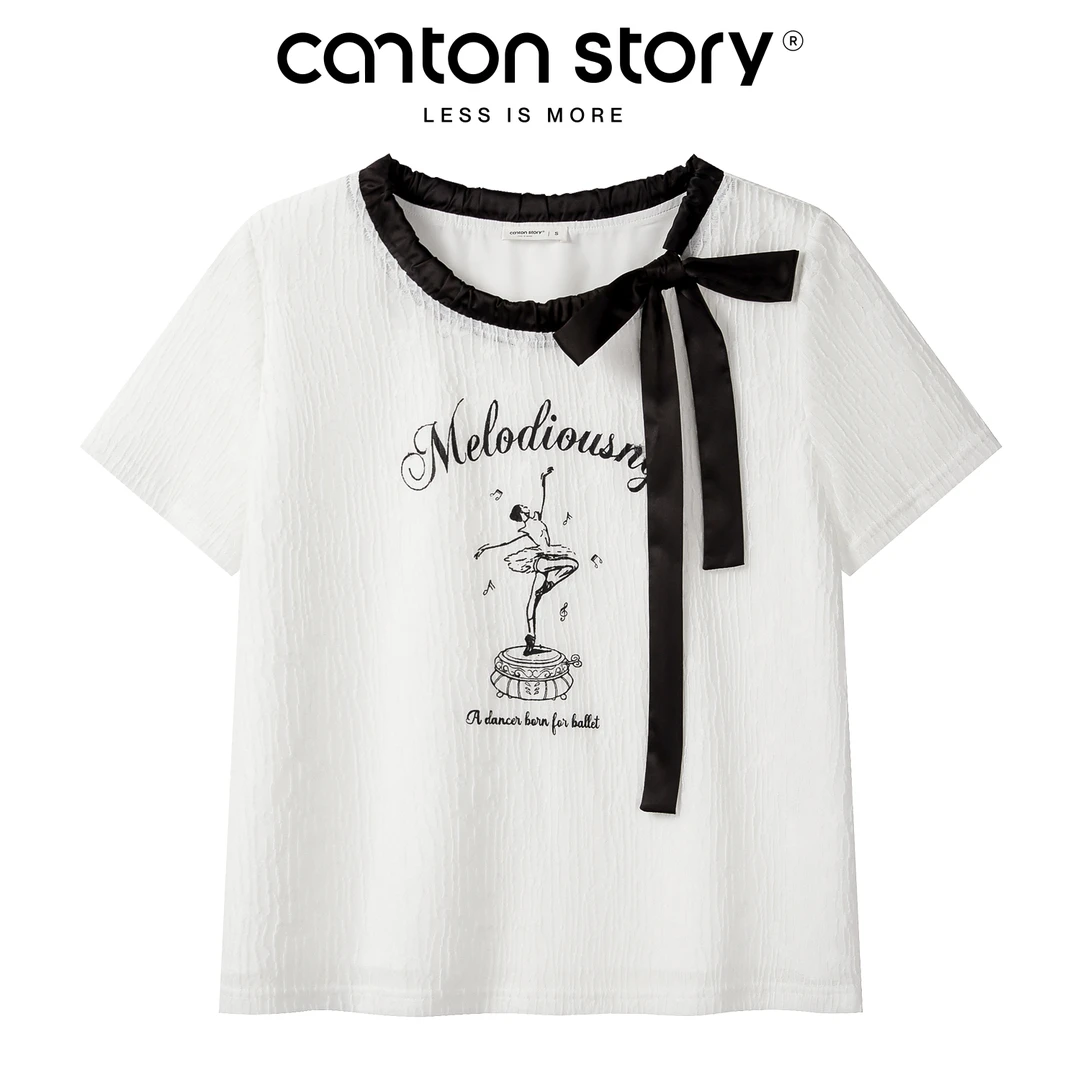 羊城故事白色芭蕾印花圆领短袖t恤女宽松撞色上衣 Y50651008