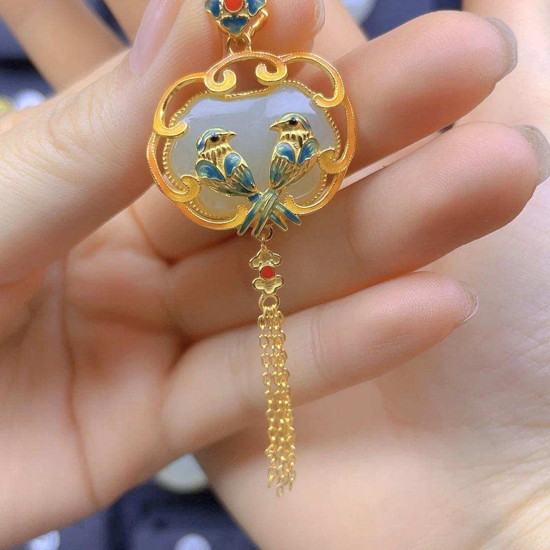 颈饰银S925镀金镶嵌和田玉