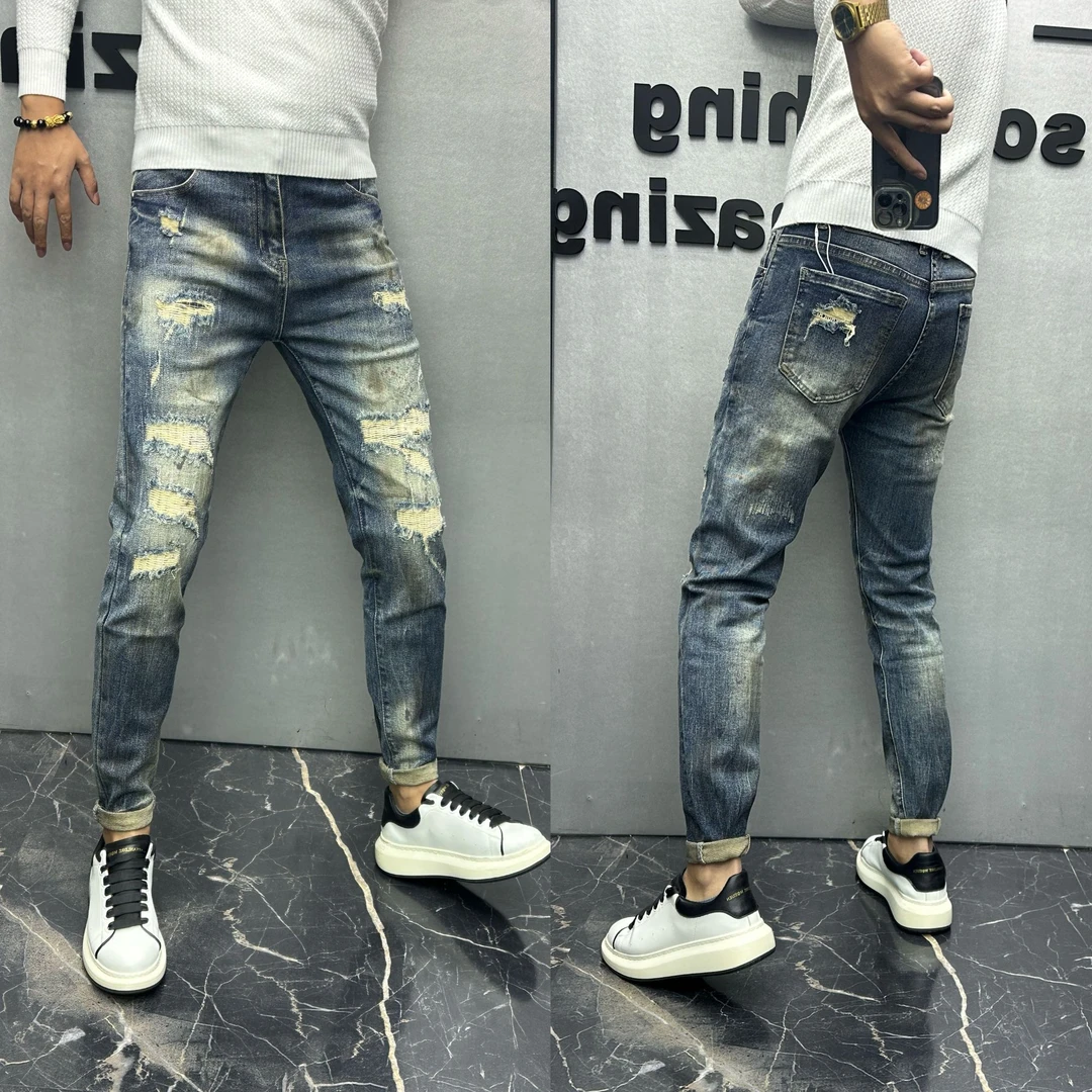 欧货复古怀旧脏脏牛仔裤男士秋季设计感破洞补丁猫须休闲弹力小脚