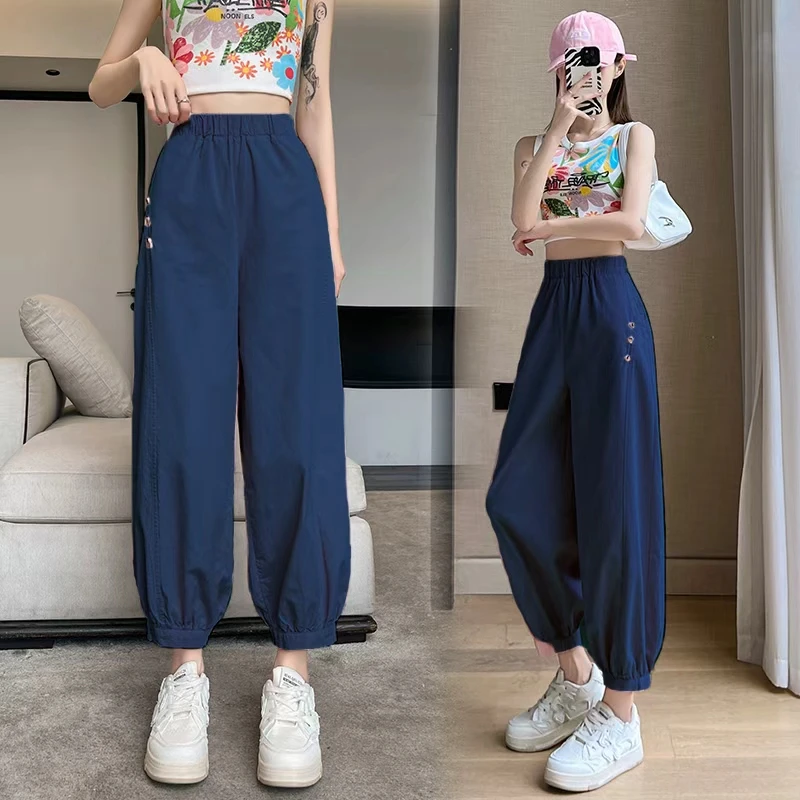 速干工装裤子小个子松紧腰束脚灯笼裤女夏季薄款九分哈伦萝卜裤子