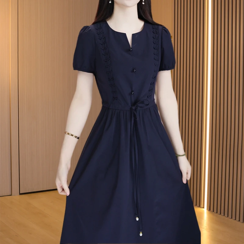 中长款裙子显瘦收腰裙夏季短袖赫本风连衣裙优雅时尚气质