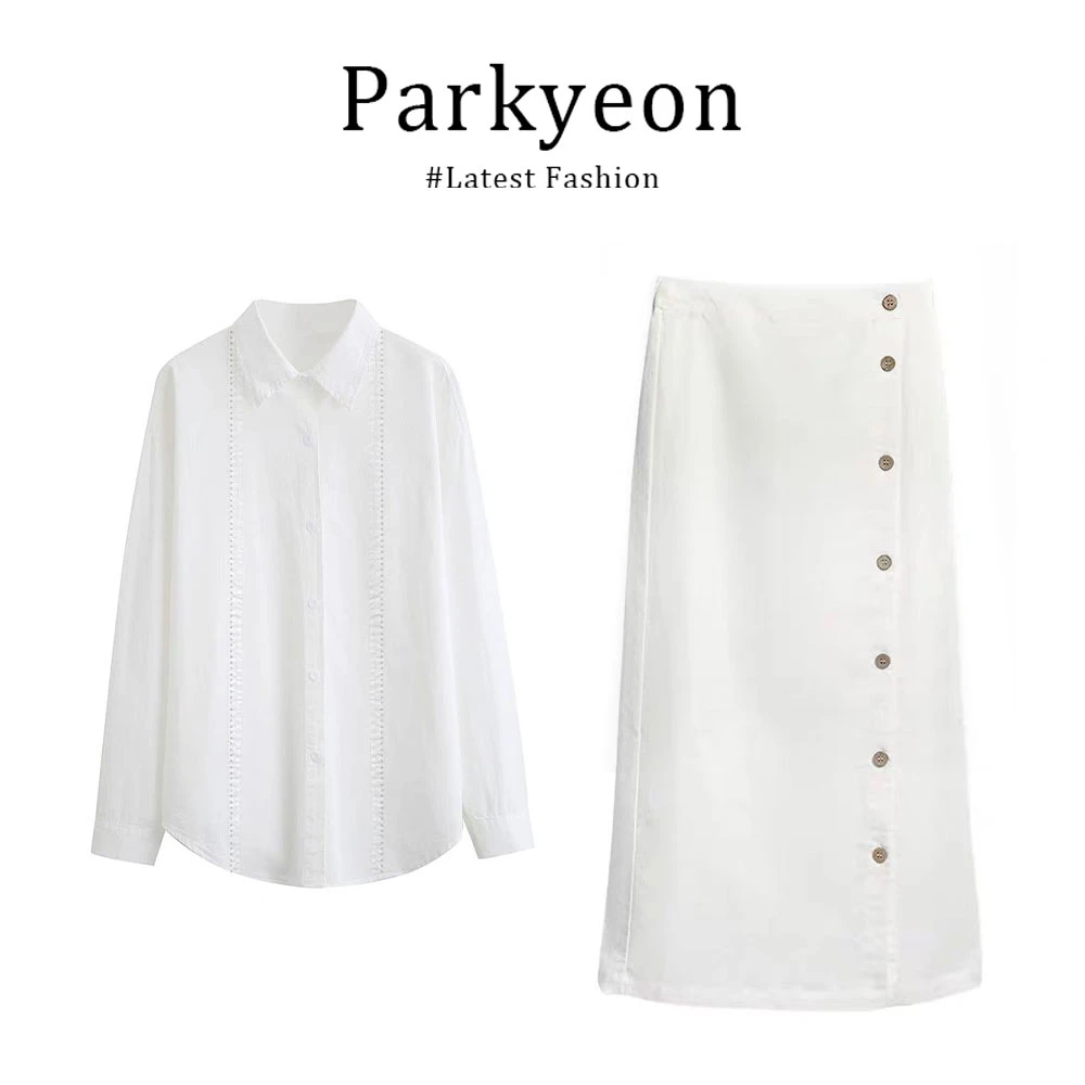 parkyeon法式慵懒风白色薄款宽松防晒衬衫女设计感半身裙两件套装