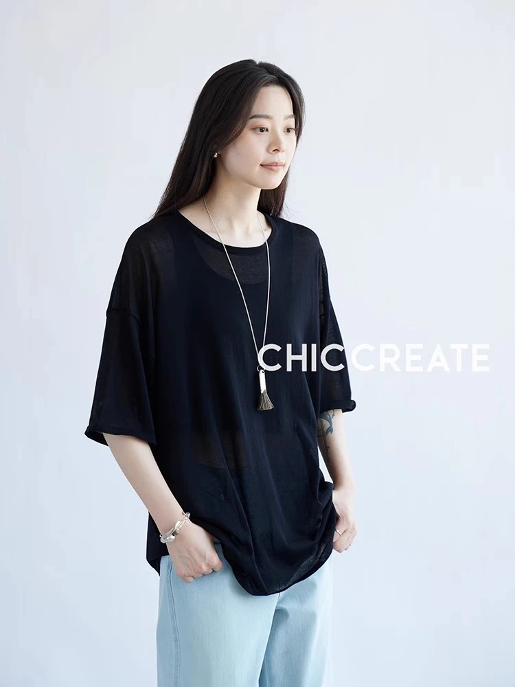 针织凉皮T！ 微透感宽松圆领中袖T恤上衣女夏季新款