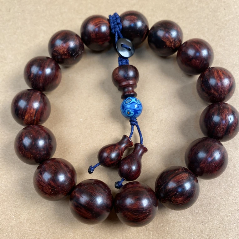 15mm单圈红降花梨公瘤疤花烟花纹芝麻花土埋料男士佩戴佳品