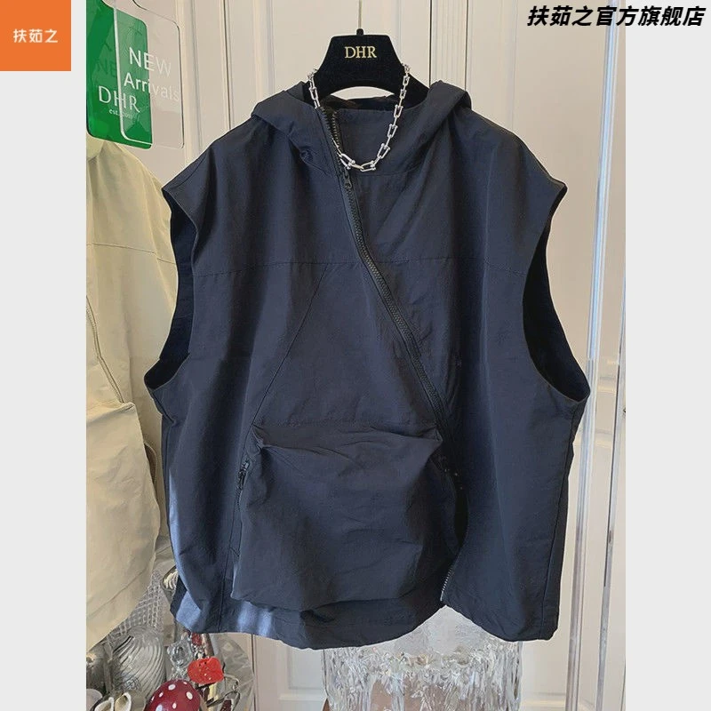 特大码300斤夏季潮拉链无袖连帽马甲卫衣男胖子薄款宽松休闲外套