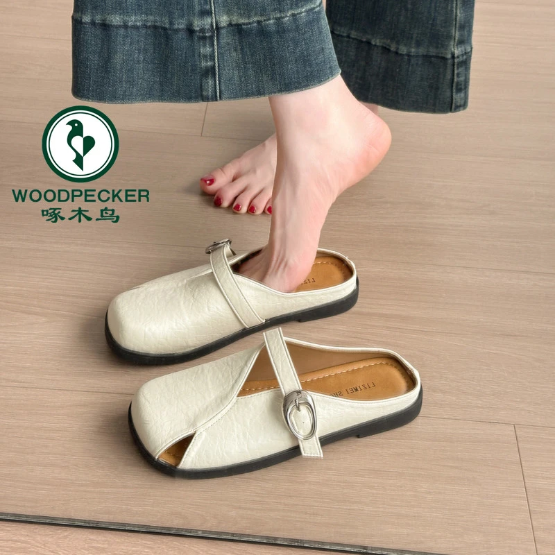 啄木鸟法式包头半拖鞋女外穿2025夏季新款平底凉拖鞋一脚蹬穆勒鞋