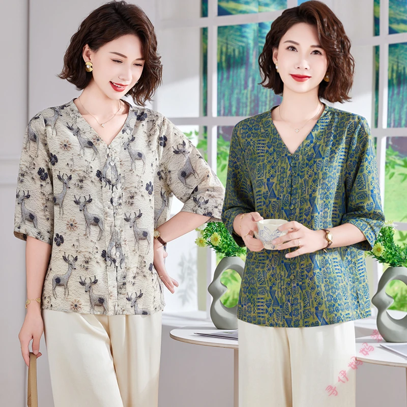 新款夏季时尚中老年女装中袖薄款小衫洋气妈妈装宽松显瘦T恤衫女