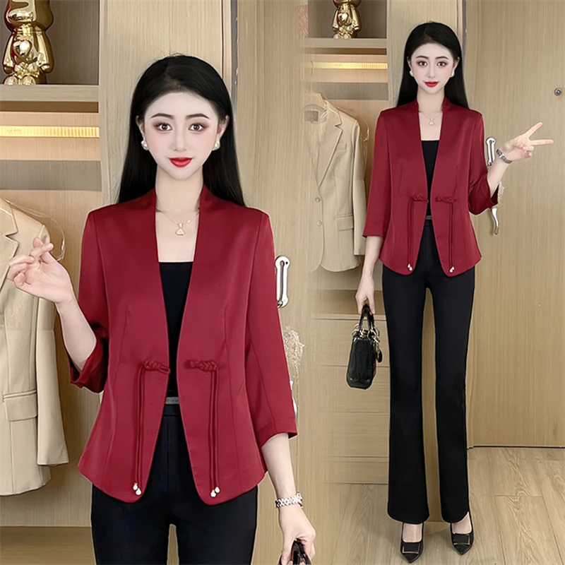 新中式小西装外套女2025夏季新款时尚修身显盘扣九分袖西服外套潮