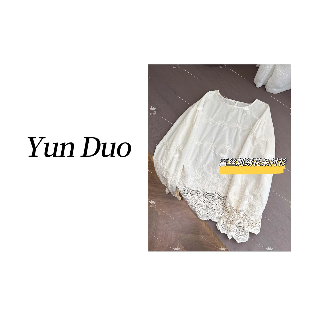 云朵定制 圆领刺绣花朵镂空拼接文艺长袖衬衫HZ15