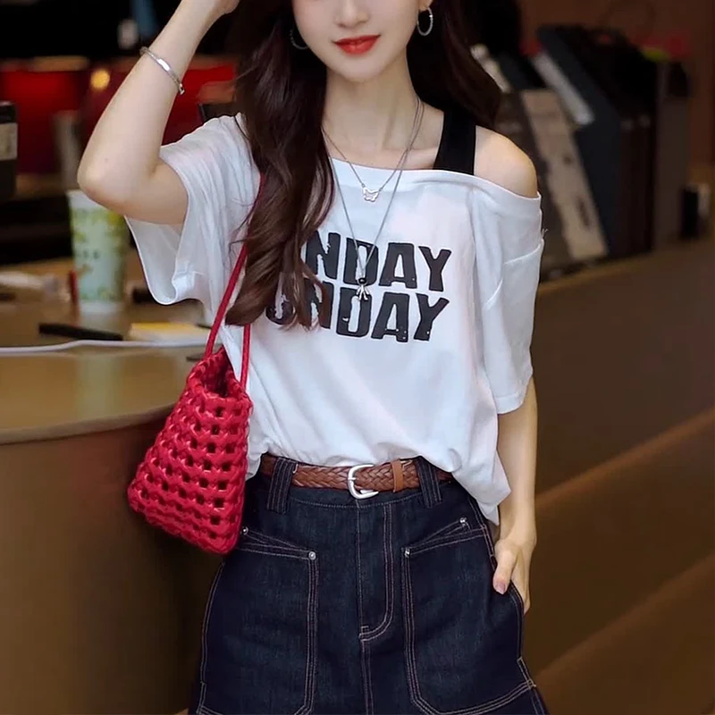 斜肩上衣短袖T恤百搭女爆款2025白色显瘦穿搭洋气感新款露肩款
