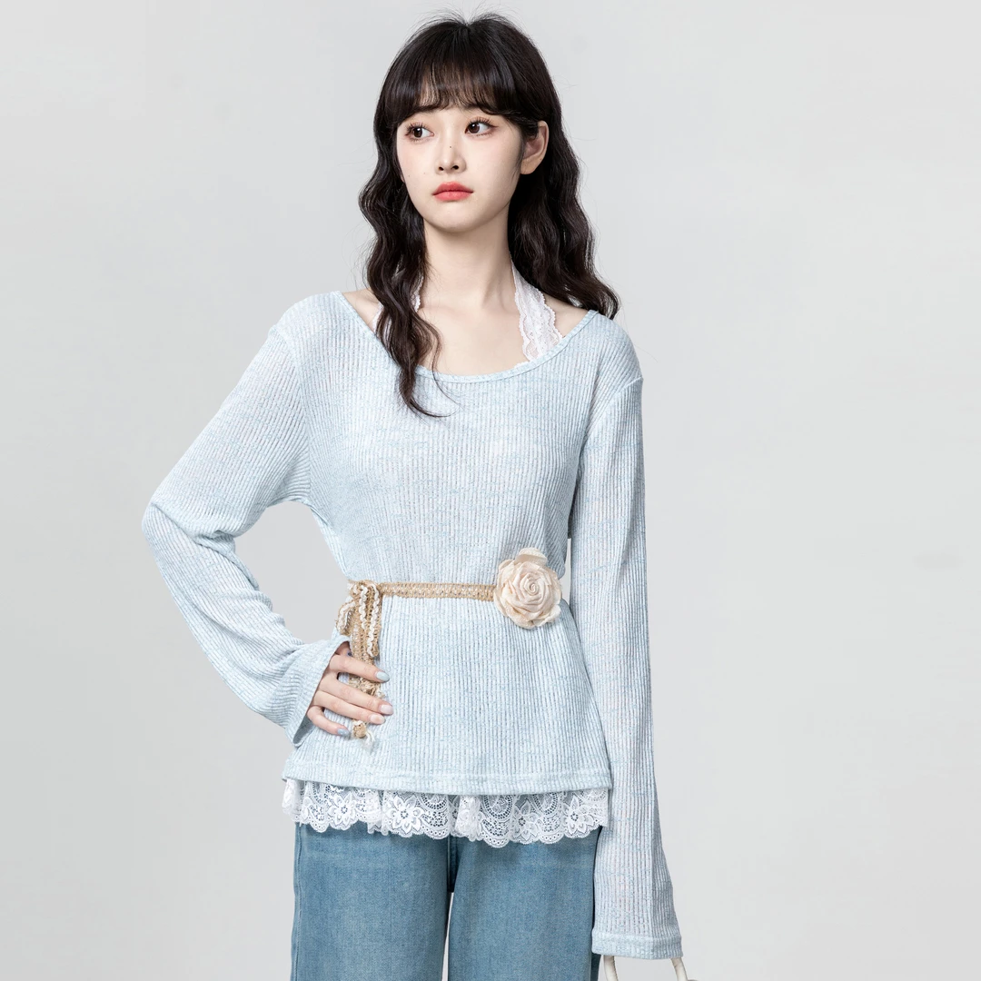 蓝色假两件挂脖针织衫女春2025春秋新款蕾丝花边拼接收腰显瘦上衣