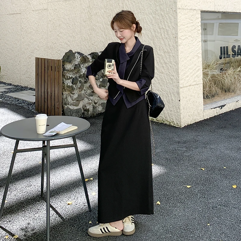 显瘦法式黑色感通勤牛仔拼接西装套装裙女秋季2025年新款两件套