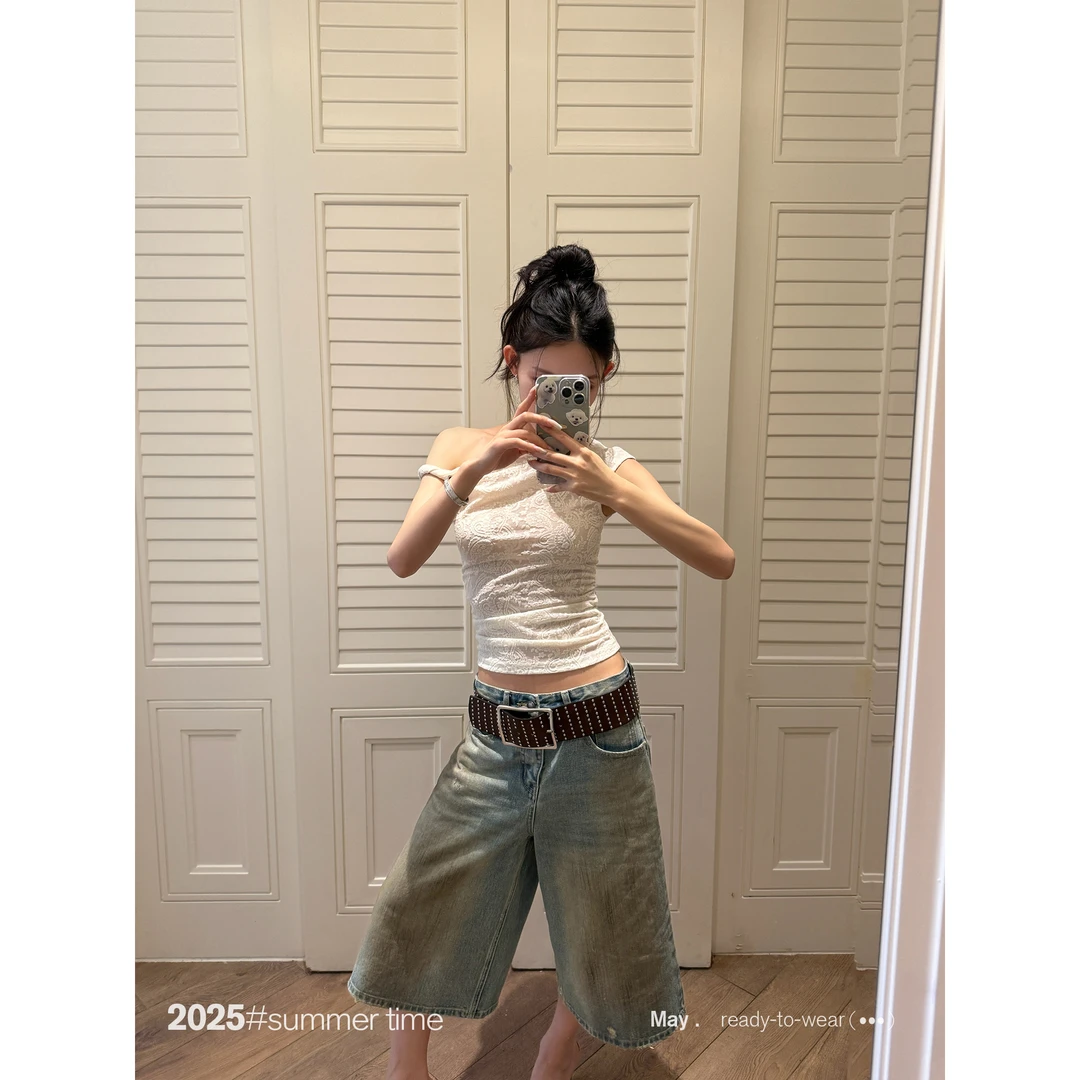 SUNONEONE 重工做旧脏洗牛仔中裤女夏季阔腿擦色休闲短裤H1005K
