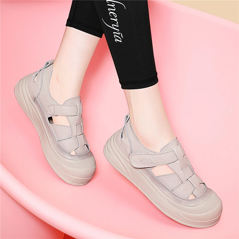 真皮罗马凉鞋女款2025新款夏季小白鞋厚底镂空透气包头休闲洞洞鞋