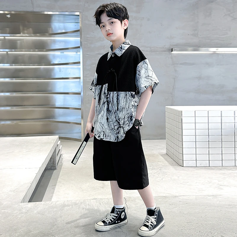 男童夏装汉服套装儿童国风短袖衬衫6-12岁中大童男孩夏季薄款帅气