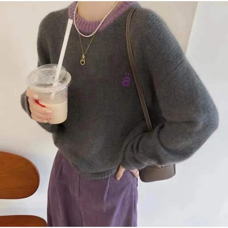 秋冬圆领设计刺绣韩版针织网红慵懒风打底衫套头女上衣8801