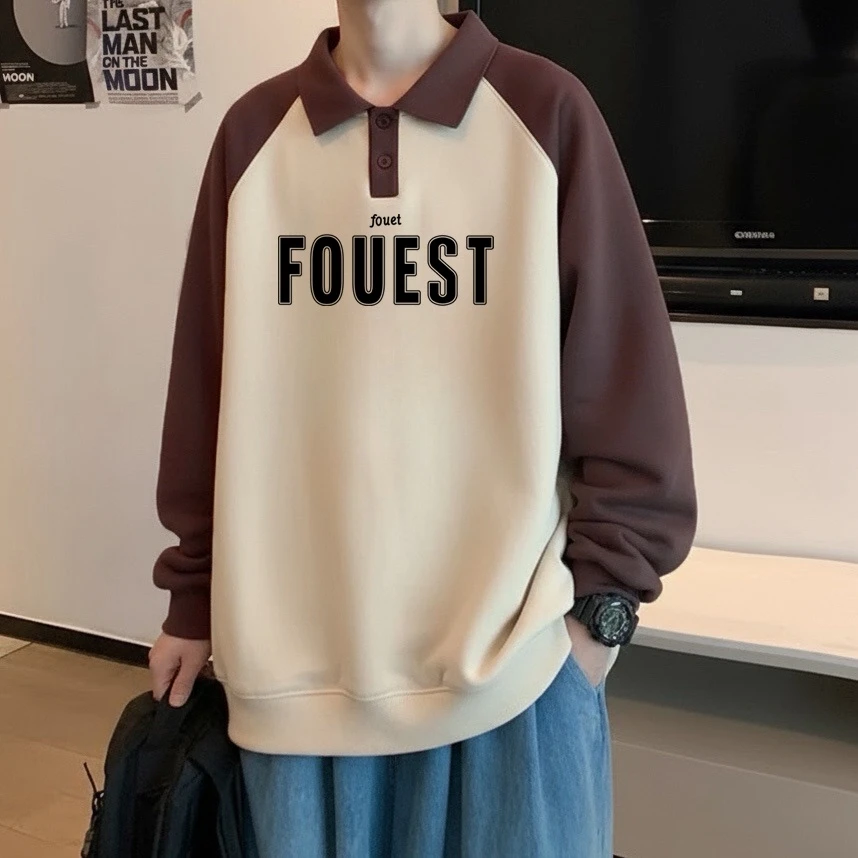 青少年polo衫拼色卫衣男生大码宽松长袖上衣春秋季百搭套头打底衫