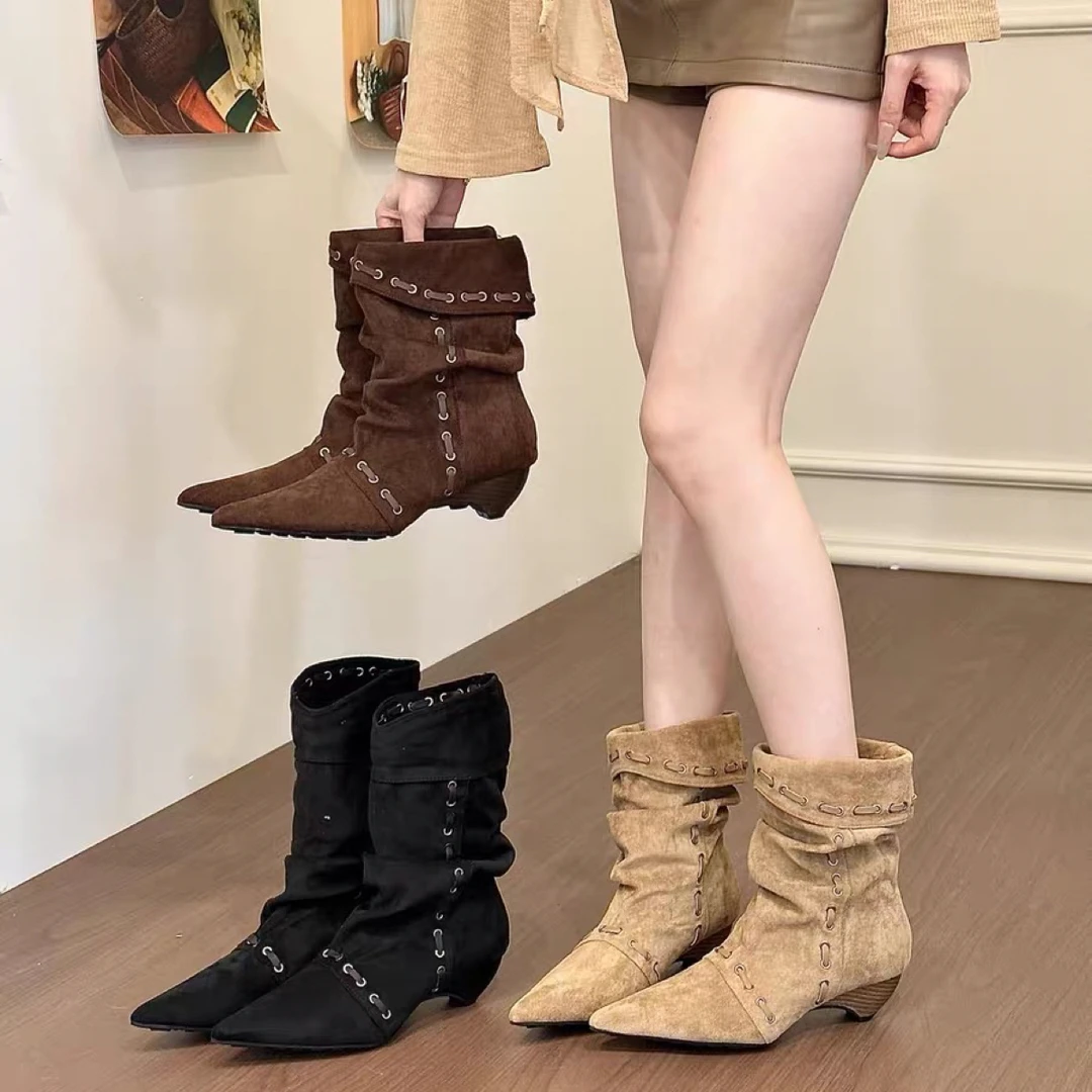 titing复古美神！时髦绒面尖头编织绑带堆堆靴女秋两穿坡跟短靴