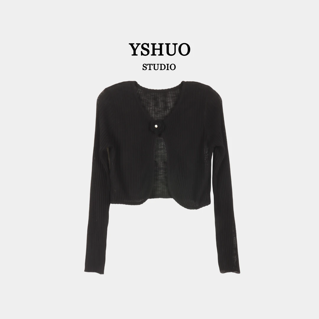 YSHUO【山茶花开】领口立体花防晒衫女纯色长袖针织短款开衫 25187