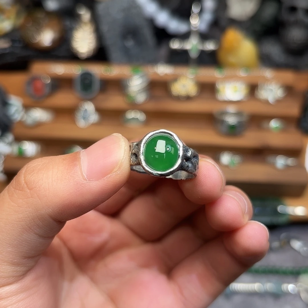 海***长翡翠银S925镶嵌戒指