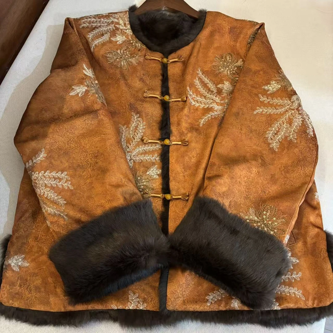 「乔乔」《相宜》重磅高定真兔毛双面穿~新中式提花厚款外套