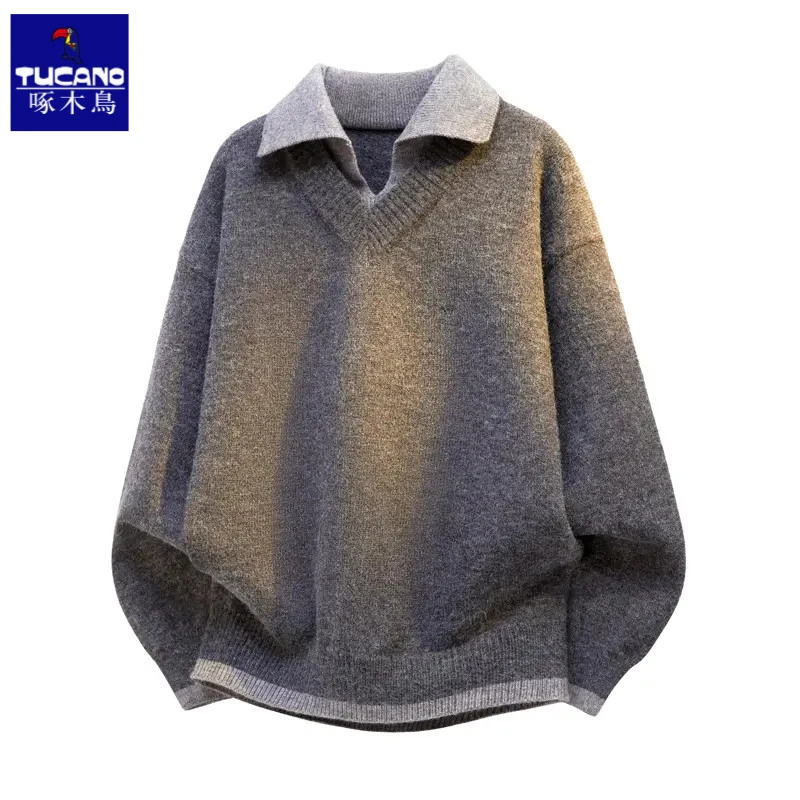 啄木鸟潮牌假两件针织衫男士秋冬翻领毛衣秋冬宽松加厚休闲长袖男