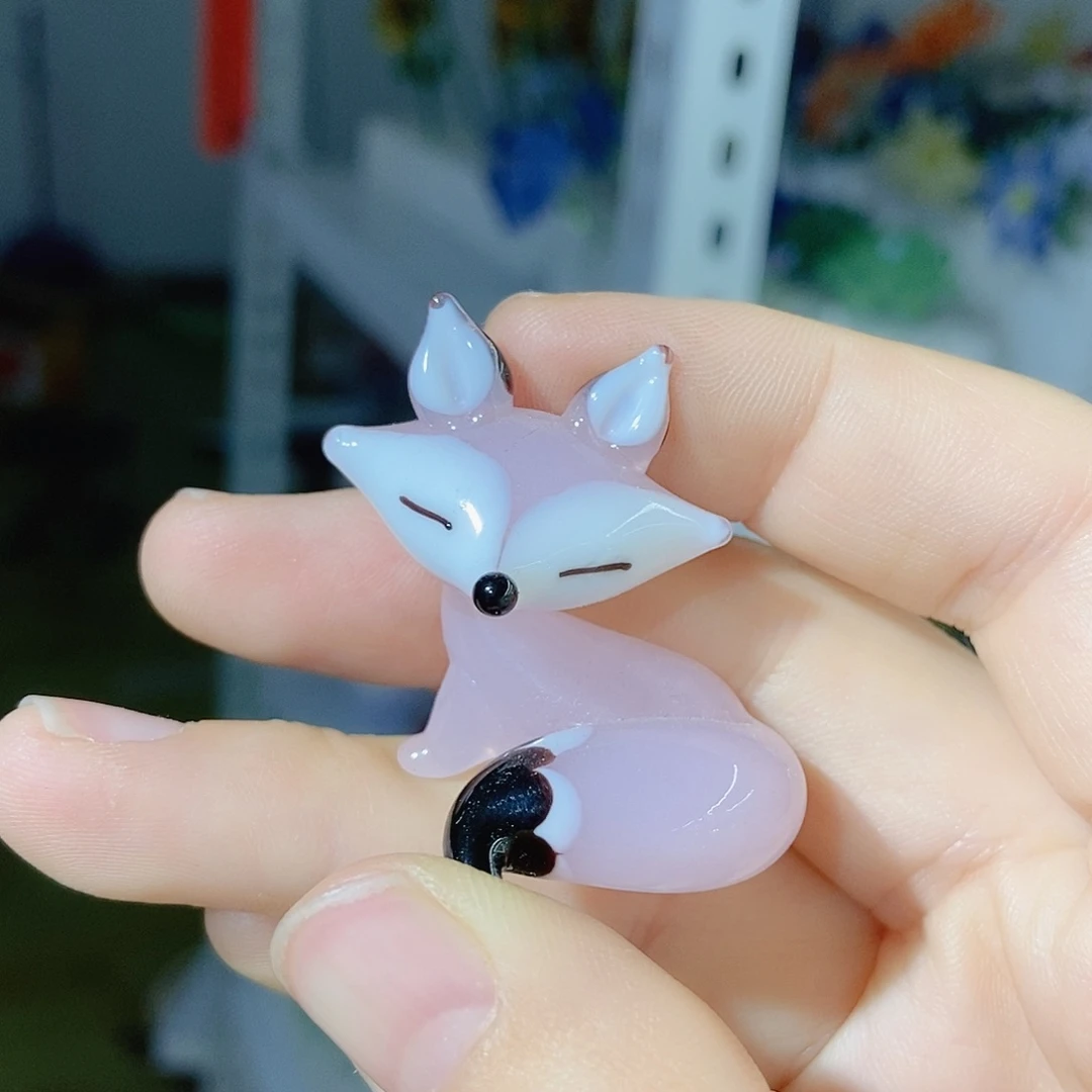 琉璃粉色狐狸摆件